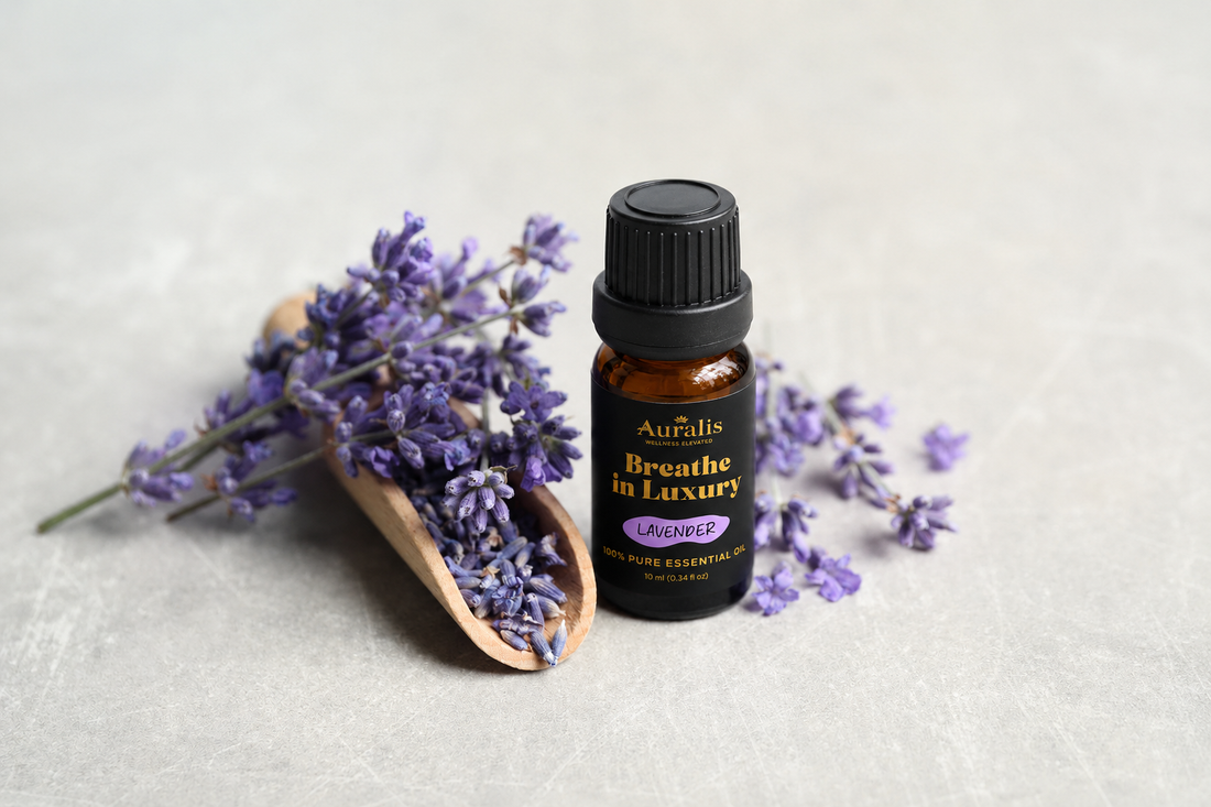 Auralis essential oil bottle with fresh lavender flowers for aromatherapy