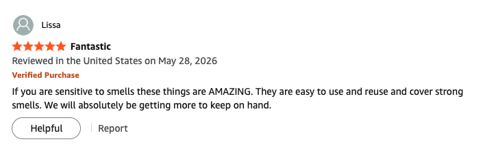 A customer review on Amazon written by Lissa. The review shows a five-star rating labeled 'Fantastic', dated May 28, 2026, and includes a short paragraph of text about strong smells and reusable items.