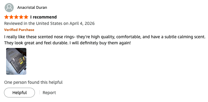 A customer review on amazon with a 5 star rating, user name Anacristal Duran, and a small product photo showing a lemon scented nose ring.