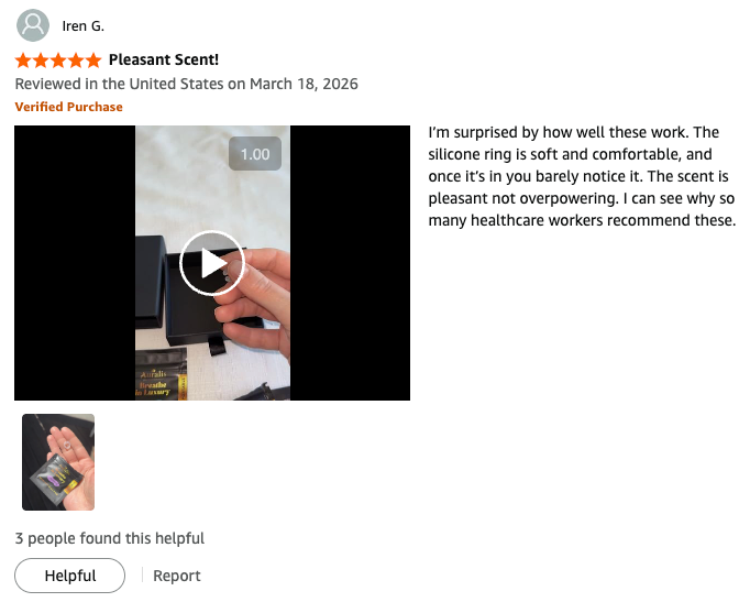 A product review on Amazonf for a Discovery Set, showing a video thumbnail of a hand holding a small nasal diffuser ring, a product photo, and a customer review text on a white background.
