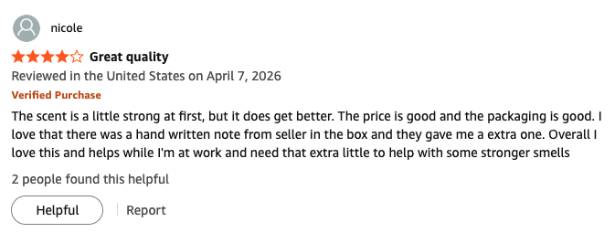 A customer review on Amazon with a star rating, user name 'nicole', and a text review mentioning a strong scent, good price and packaging, and an extra one from the seller.