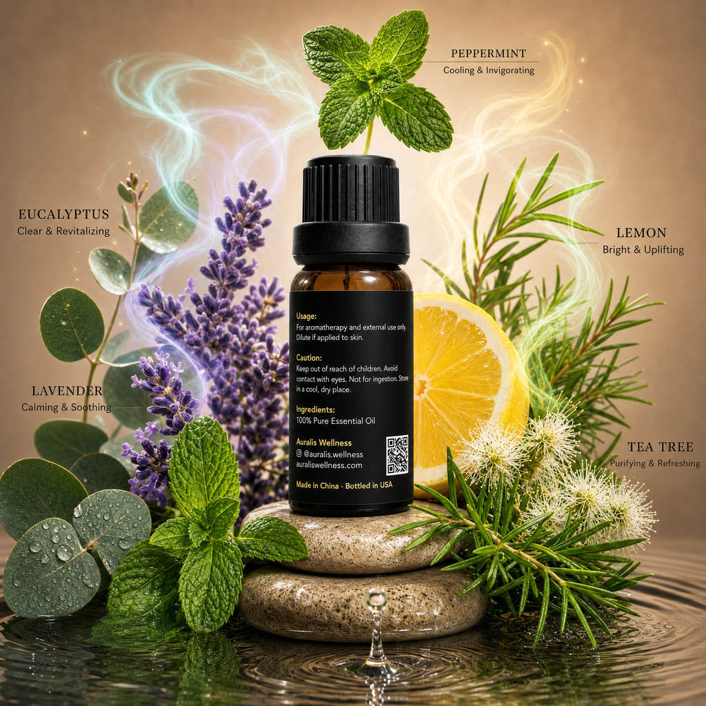 Auralis 100% pure essential oil bottle and usage label, with eucalyptus, lavender, peppermint, lemon and tea tree