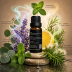 Auralis 100% pure essential oil bottle and usage label, with eucalyptus, lavender, peppermint, lemon and tea tree