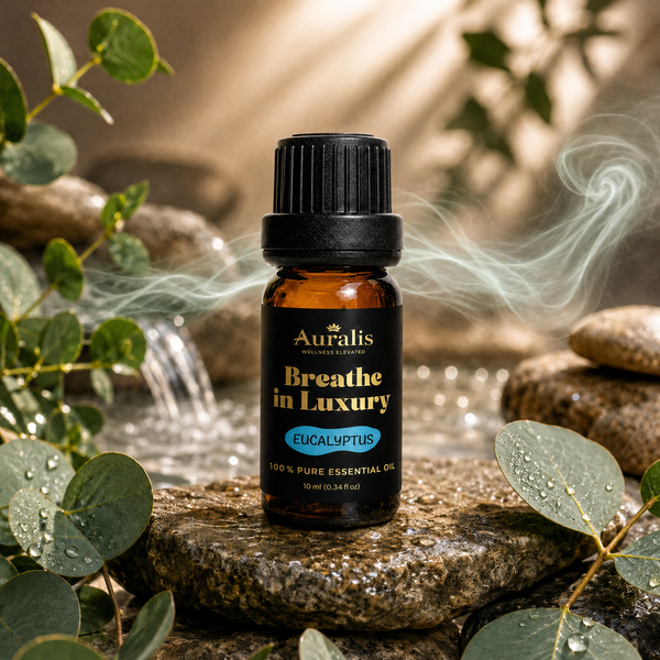 Auralis eucalyptus essential oil in a 10ml amber dropper bottle on wet stone with dewy eucalyptus branches