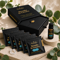 Auralis eucalyptus Signature Set: five nasal diffuser ring pouches, a 10ml essential oil and box