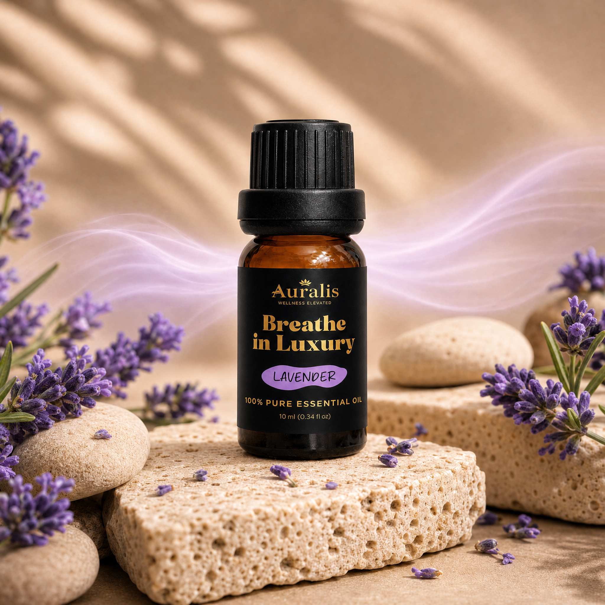 Auralis lavender essential oil in a 10ml amber dropper bottle on travertine with fresh lavender sprigs and buds