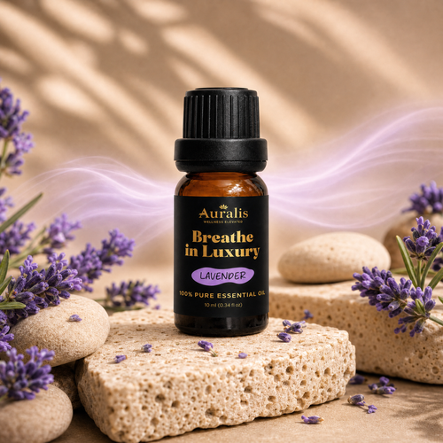 Auralis lavender essential oil in a 10ml amber dropper bottle on travertine with fresh lavender sprigs and buds