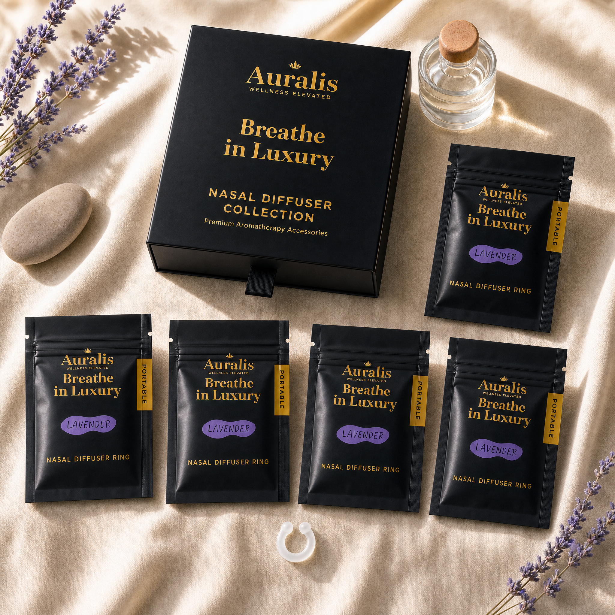 Auralis lavender nasal diffuser ring refill 5-pack with box and fresh lavender sprigs on linen