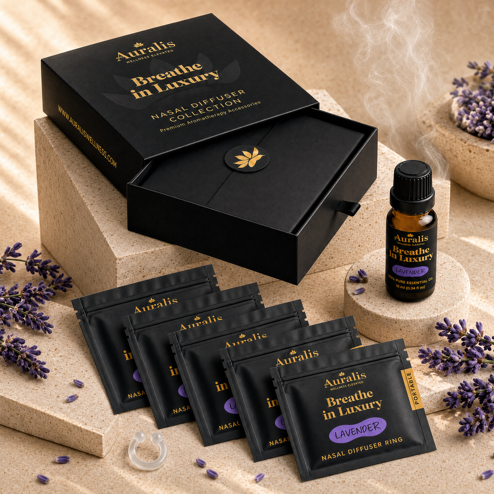 Auralis lavender Signature Set: five nasal diffuser ring pouches, a 10ml essential oil and box