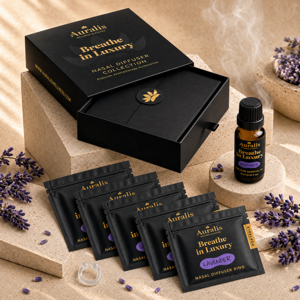 Auralis lavender Signature Set: five nasal diffuser ring pouches, a 10ml essential oil and box