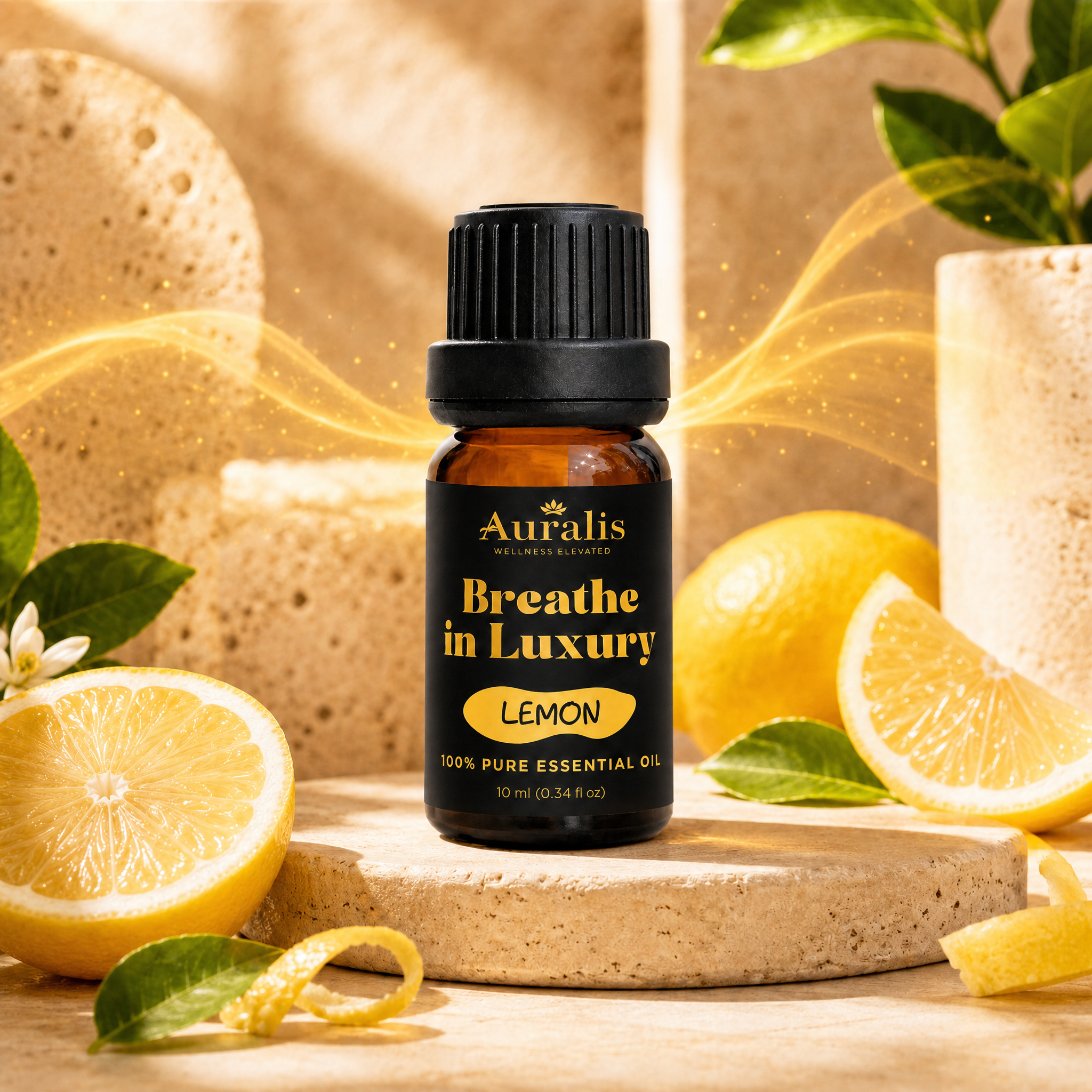 Auralis lemon essential oil in a 10ml amber dropper bottle with fresh lemons, citrus blossom and a curl of peel
