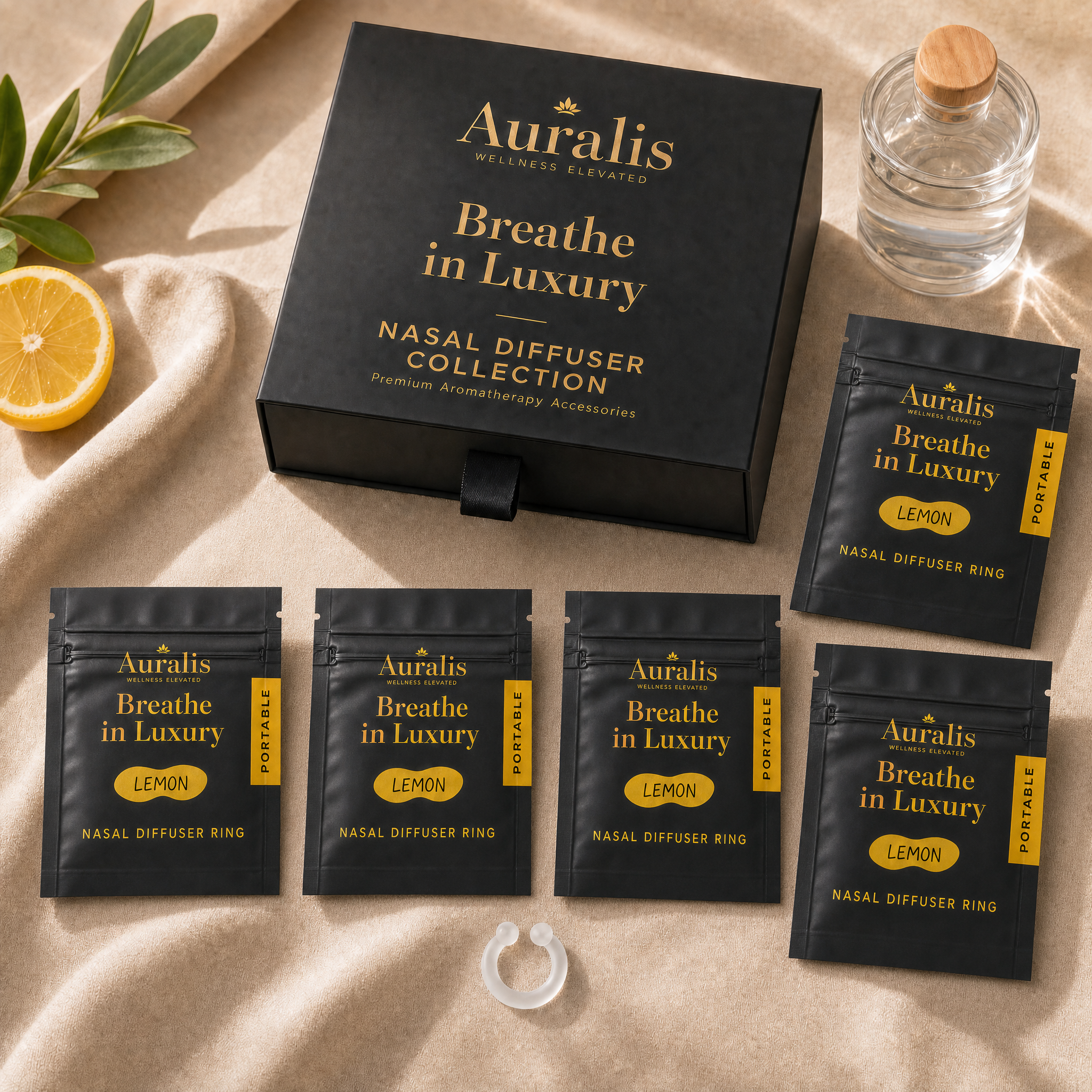 Auralis lemon nasal diffuser ring refill 5-pack with box, a halved lemon and citrus leaves on linen
