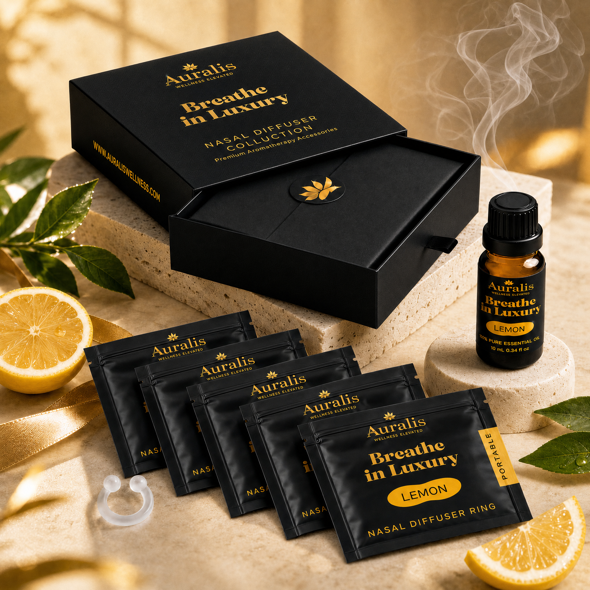 Auralis lemon Signature Set: five nasal diffuser ring pouches, a 10ml essential oil and box