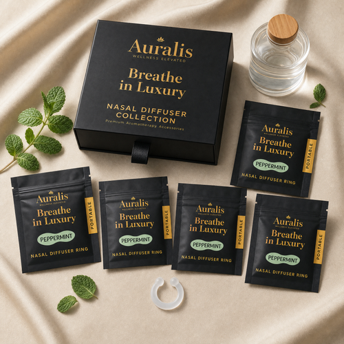 Auralis peppermint nasal diffuser ring refill 5-pack with box and fresh mint leaves on linen
