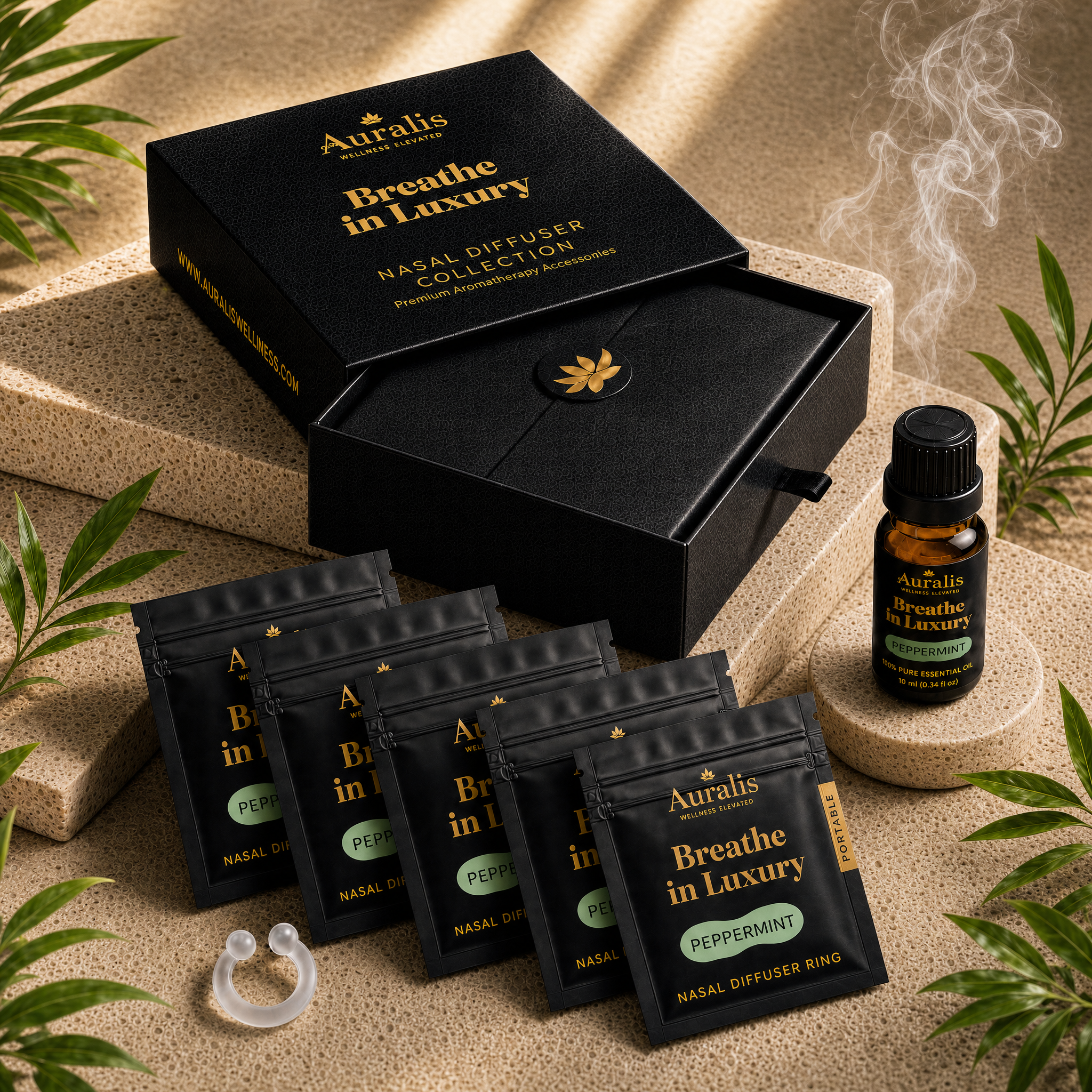 Auralis peppermint Signature Set: five nasal diffuser ring pouches, a 10ml essential oil and box