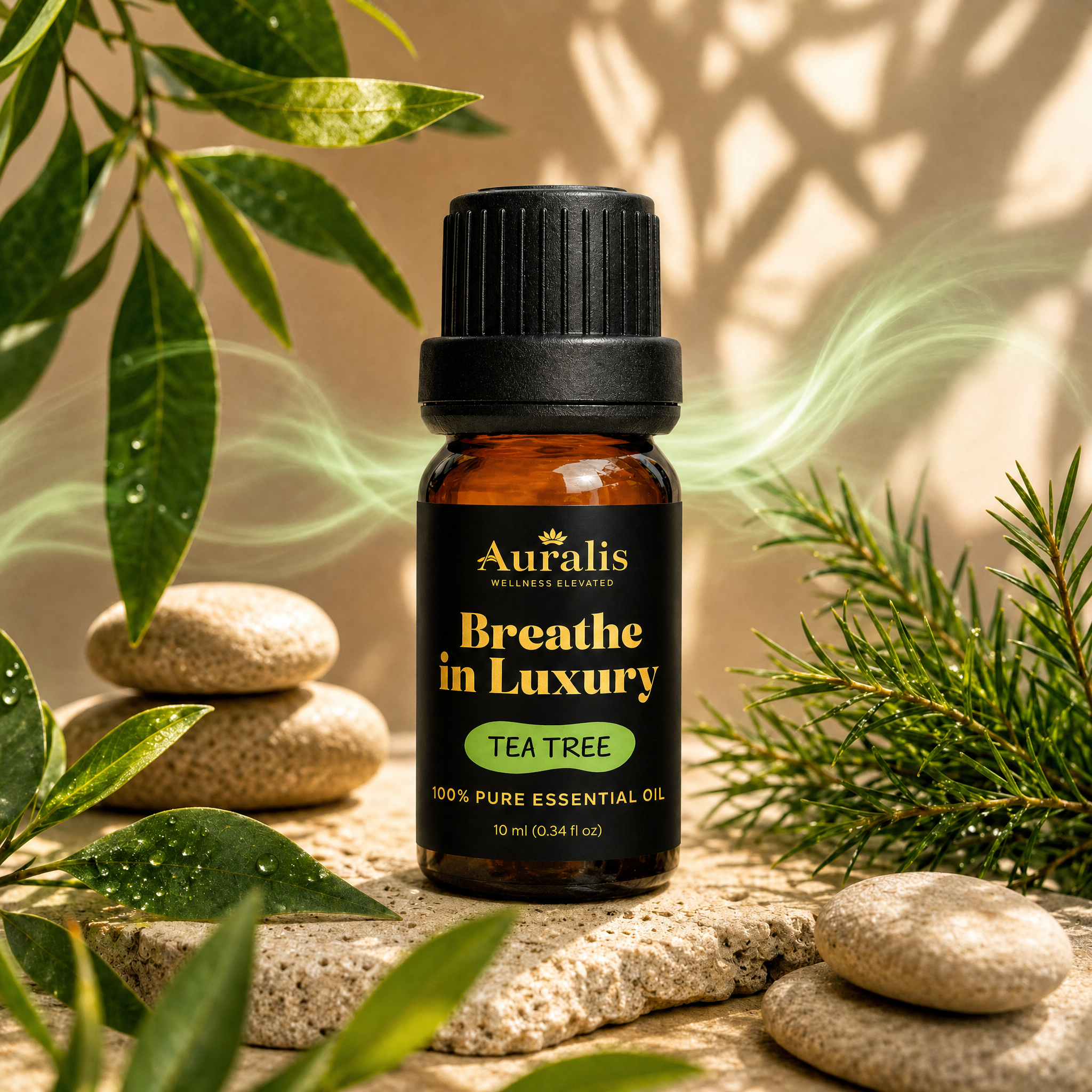 Auralis tea tree essential oil in a 10ml amber dropper bottle on stone with fresh tea tree foliage and spa stones