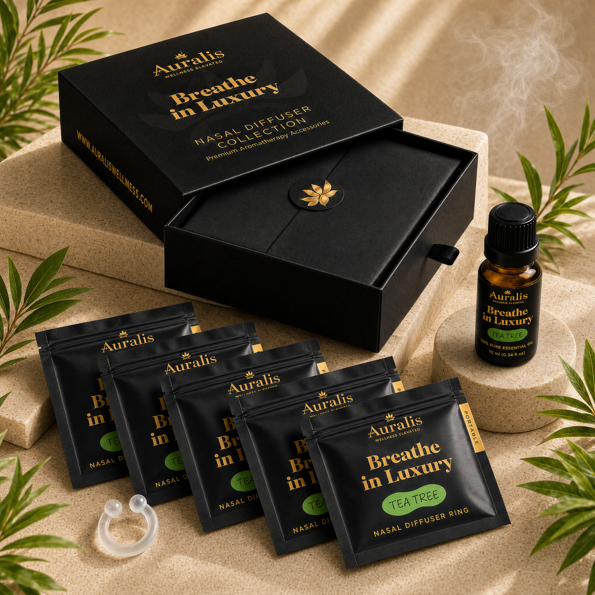 Auralis tea tree Signature Set: five nasal diffuser ring pouches, a 10ml essential oil and box
