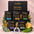 Auralis Discovery Set gift box with five nasal diffuser ring pouches: eucalyptus, lemon, tea tree, lavender, peppermint