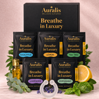 Auralis Discovery Set gift box with five nasal diffuser ring pouches: eucalyptus, lemon, tea tree, lavender, peppermint