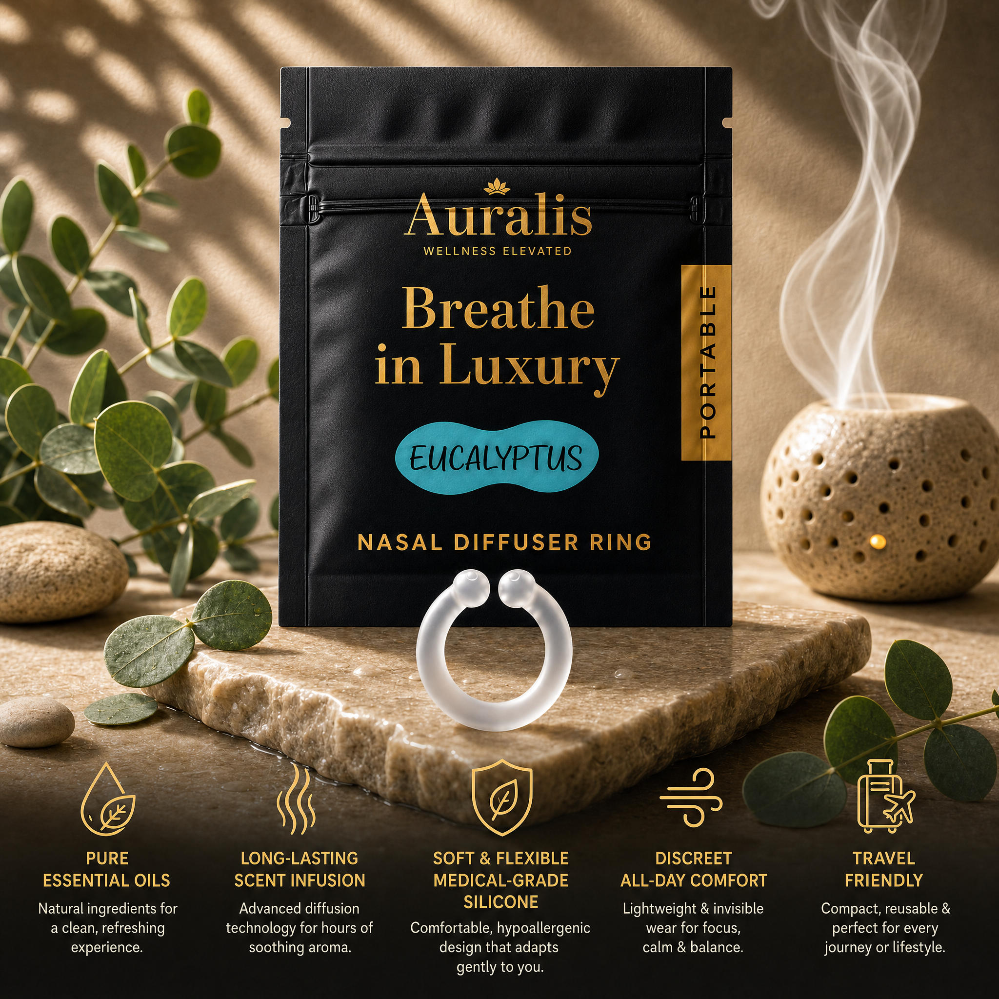 Auralis eucalyptus nasal diffuser ring and pouch on a stone slab with fresh sprigs and a ceramic oil burner