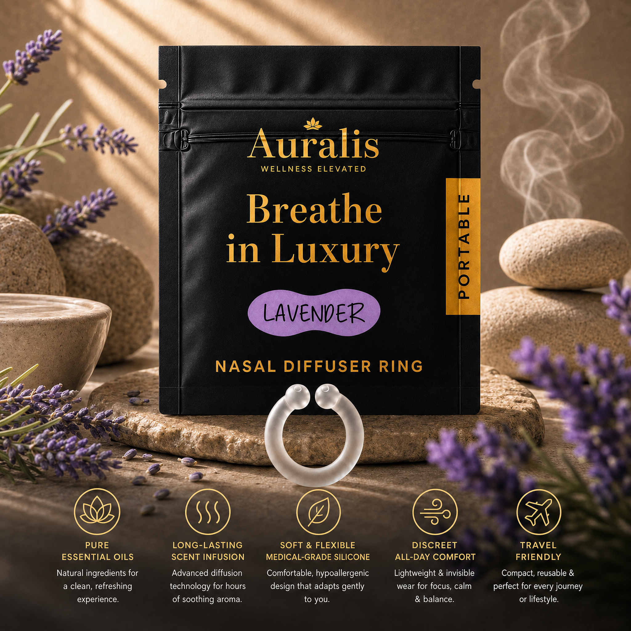 Auralis lavender nasal diffuser ring and pouch on stone, surrounded by fresh lavender sprigs and spa stones