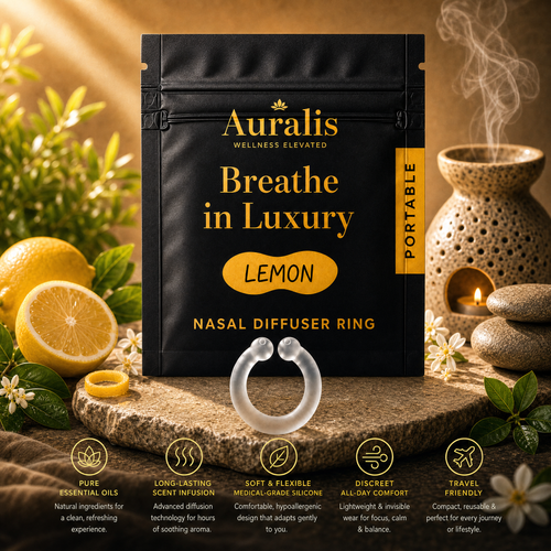 Auralis lemon nasal diffuser ring and pouch on stone with fresh lemons, citrus blossoms and a lit oil burner
