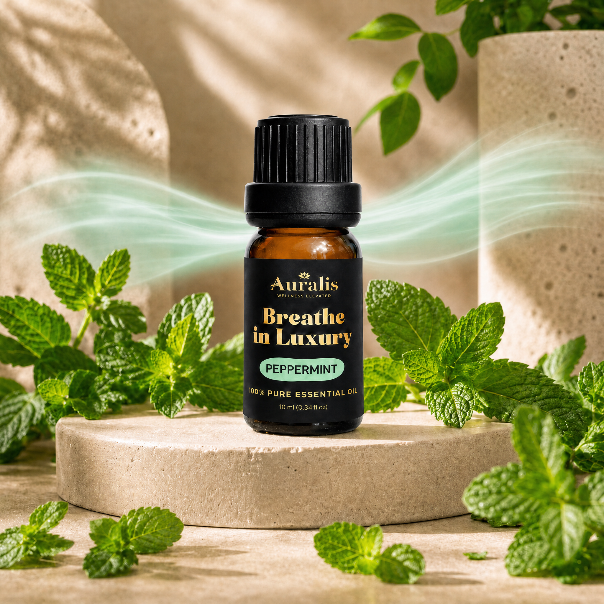 Auralis peppermint essential oil in a 10ml amber dropper bottle on stone, surrounded by fresh mint leaves