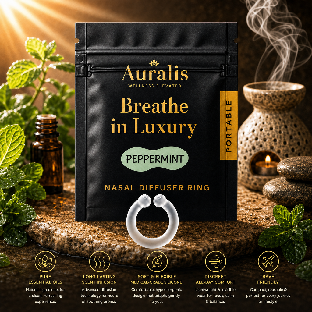 Auralis peppermint nasal diffuser ring and pouch on stone with fresh mint leaves
