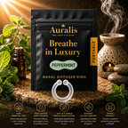 Auralis peppermint nasal diffuser ring and pouch on stone with fresh mint leaves