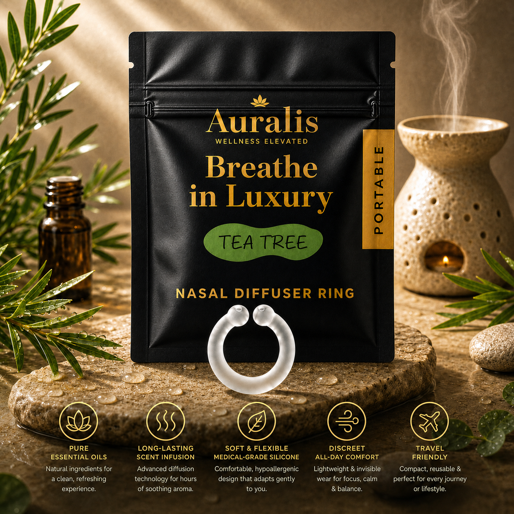 Auralis tea tree nasal diffuser ring and pouch on wet stone with tea tree sprigs 