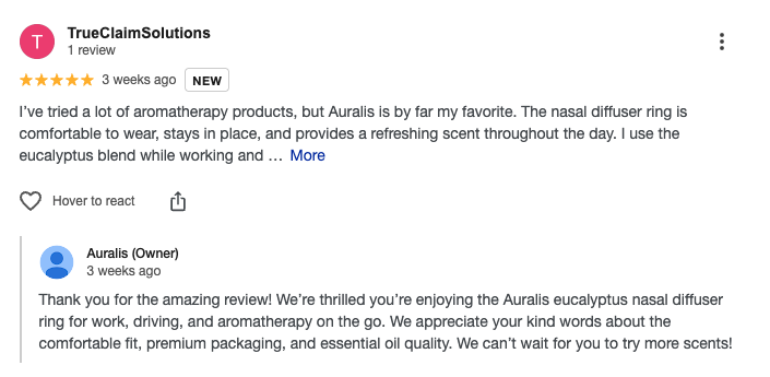 A screenshot of a TrueClaimSolutions customer review for the Auralis eucalyptus nasal diffuser ring, showing a 5-star rating and a thank you message from the Auralis owner.