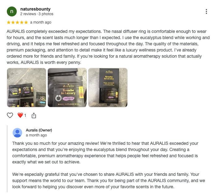 A screenshot of a customer review on Google and reply from the brand naturesbounty for AURALIS, showing a star rating, product photos of a nasal diffuser and its packaging, and a thank you message from the Auralis owner.