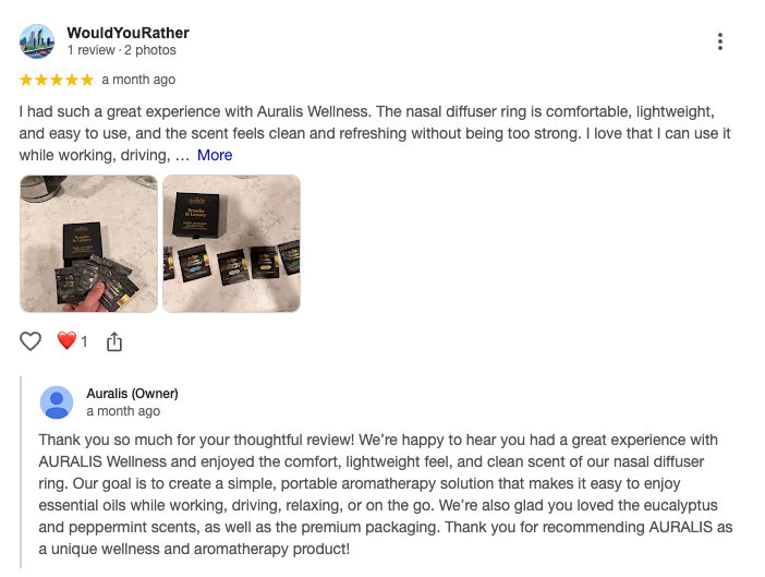 A screenshot of a customer review on Google for Auralis Wellness, showing a positive review from 'WouldYouRather' with a photo of several black nasal diffuser rings, and a response from the Auralis owner.