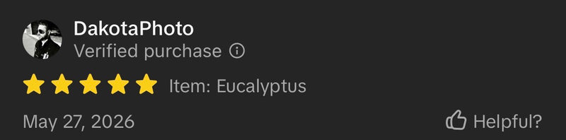 A screenshot of Tiktok review showing the verified purchase status, a 5-star rating, the item name 'Eucalyptus', and the seller name 'DakotaPhoto' dated May 27, 2026.