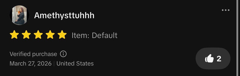 A screenshot of Tiktok review showing a 5-star rating for an item labeled 'Default' by the user Amethystuhhh, with purchase and location details below.