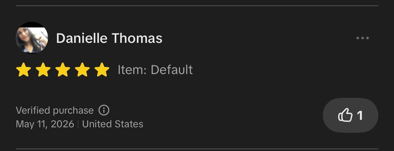 A screenshot of Tiktok review showing a five-star review by Danielle Thomas for an item labeled 'Default', with purchase verification details and a thumbs-up like button showing 1 like.