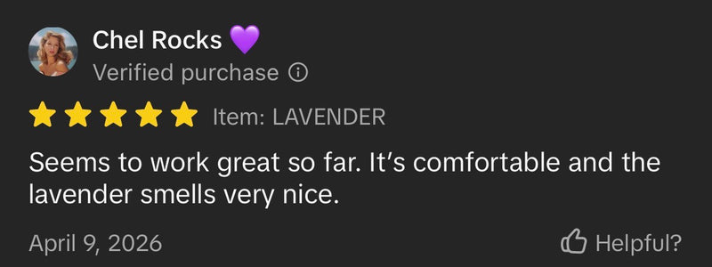A screenshot of a product review on Tiktok for 'LAVENDER' by user Chel Rocks, showing a five-star rating and a positive comment about the comfort and lavender scent, set against a dark gray background.