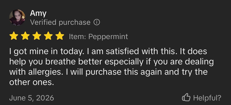 A customer review on Tiktok, featuring a verified purchase badge, five stars, the item name 'Peppermint', and a positive testimonial from Amy dated June 5, 2026.