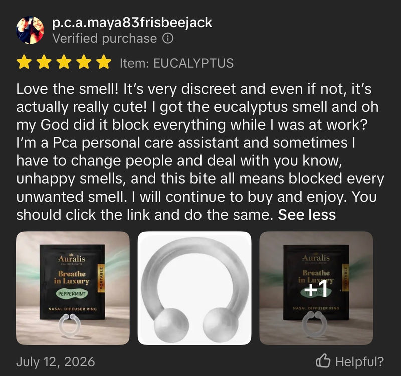 Tiktok Review showcasing Auralis nasal diffuser rings with a positive 5 star message