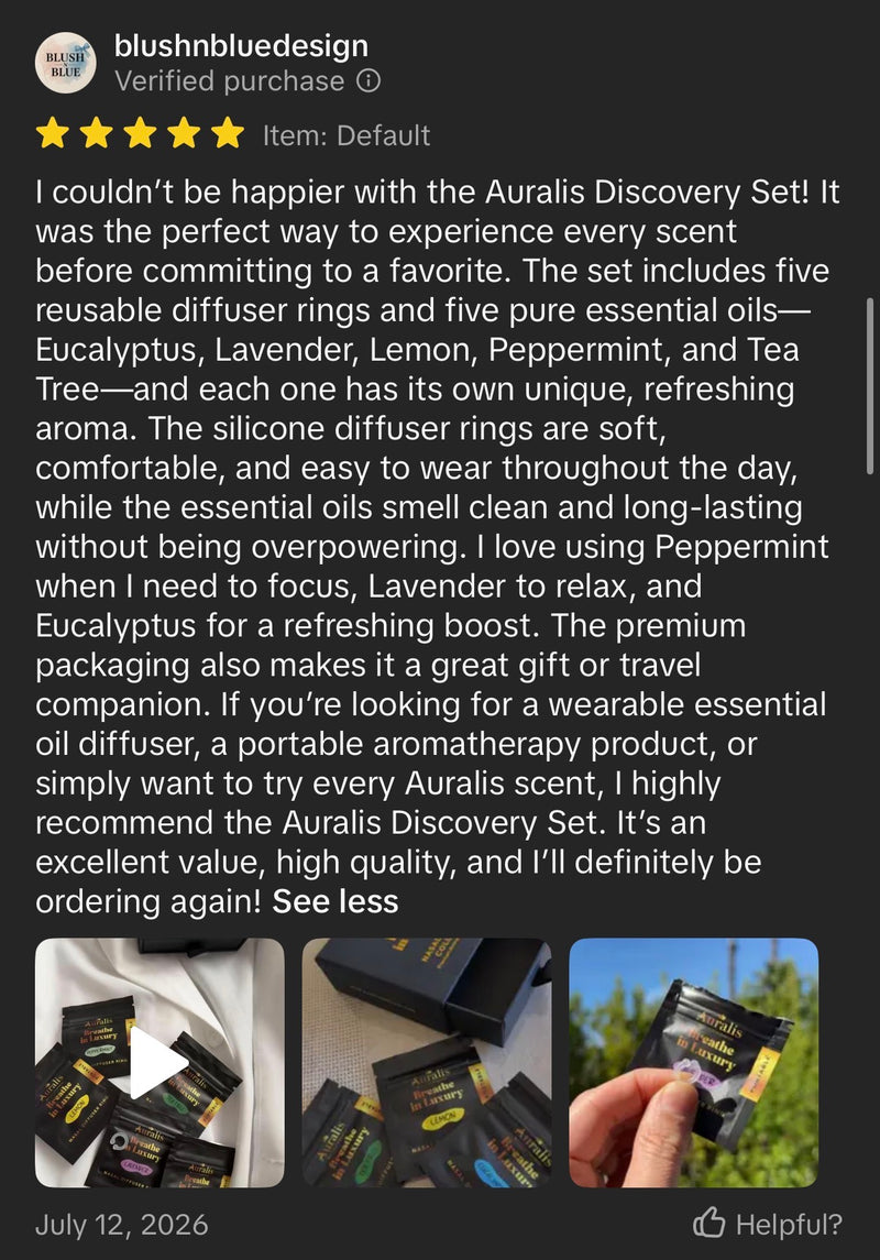 A product review screenshot on Tiktok for the Auralis Discovery Set by blushbluedesign, showing a long text review with five stars and three small inset photos demonstrating the diffuser rings in use.
