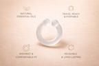 Auralis clear silicone wearable nasal aromatherapy ring with product features displayed on beige background
