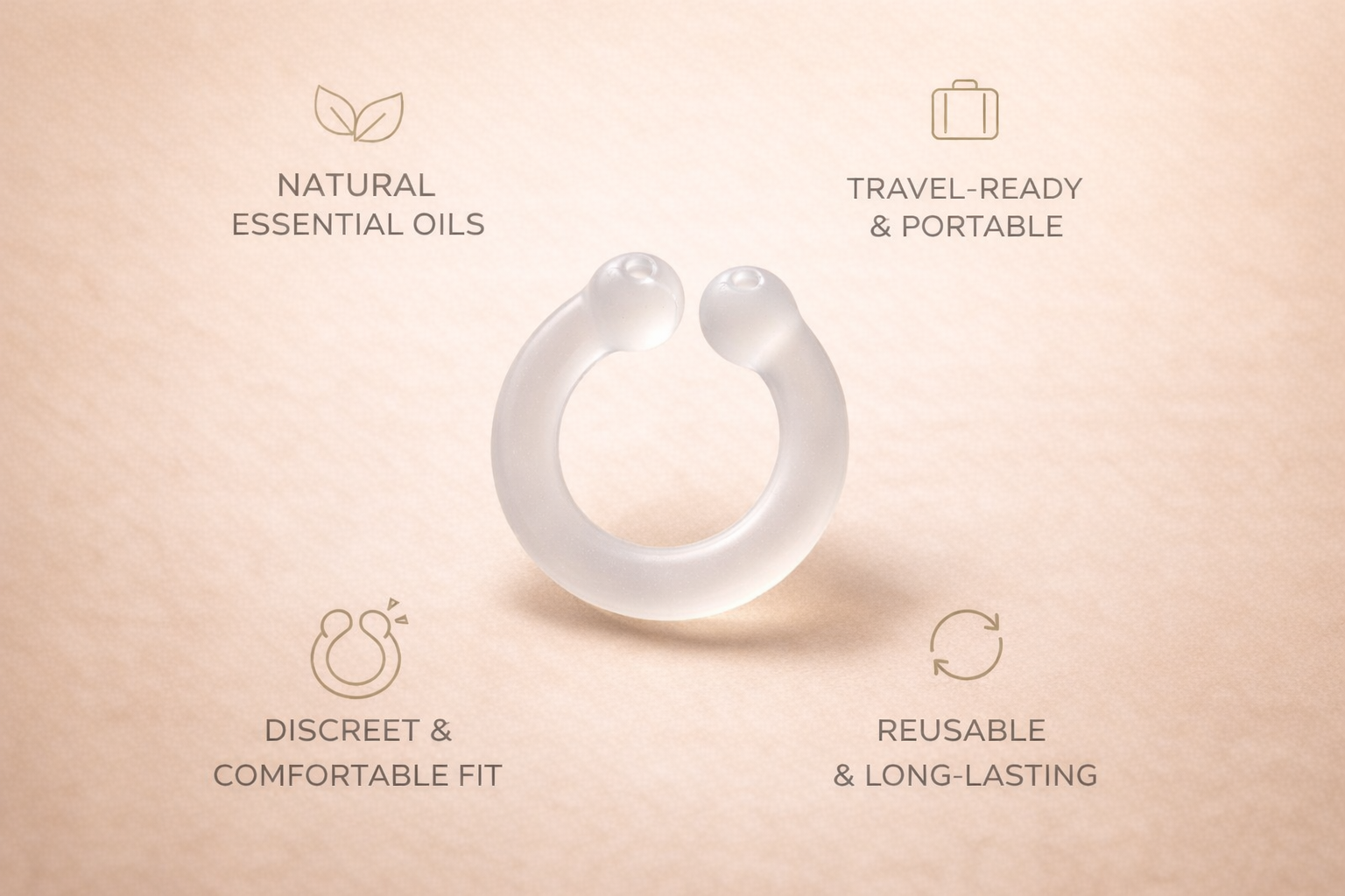Auralis clear silicone wearable nasal aromatherapy ring with product features displayed on beige background