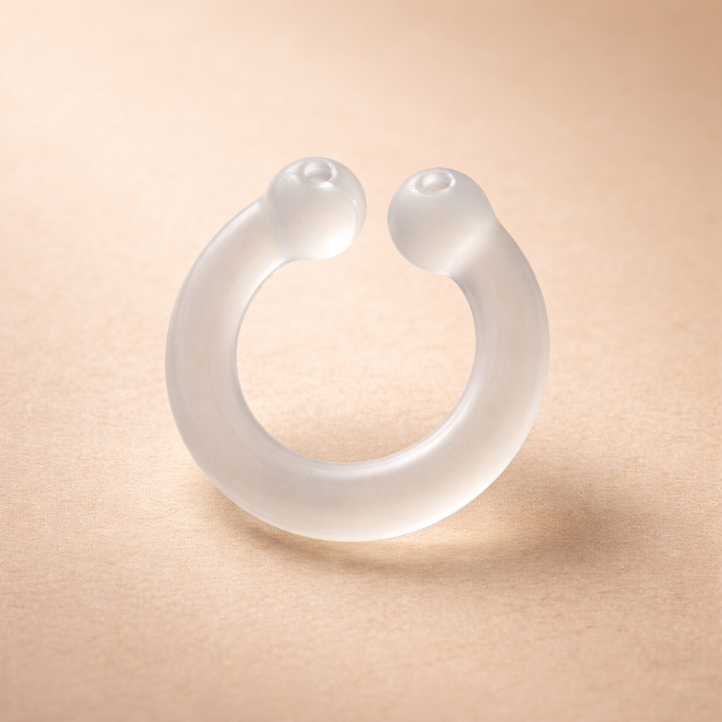 Auralis clear silicone wearable nasal aromatherapy ring displayed on beige background