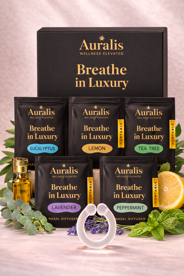 Auralis Discovery Set wearable nasal diffuser ring with five essential oil pouches — lemon, eucalyptus, lavender, peppermint, and tea tree — displayed on a white background with botanical accents, Auralis box and soft silicone ring