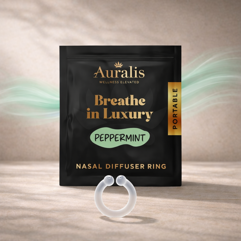 Peppermint clear silicone wearable nasal aromatherapy ring displayed in front of Auralis Discovery Set pouch on wooden surface