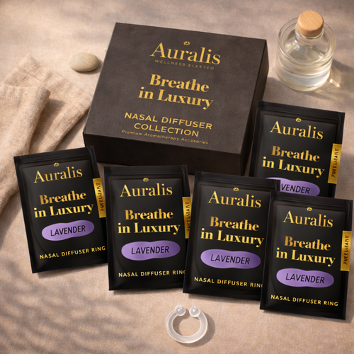 Auralis Essential Refill in Lavender featuring five identical scented pouches, Auralis box and clear silicone wearable nasal aromatherapy ring on neutral background