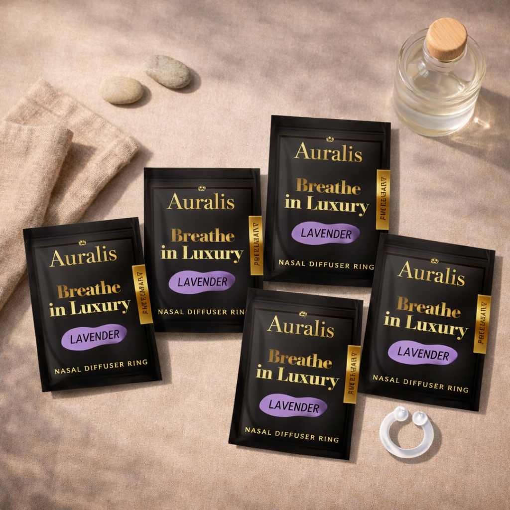Auralis Essential Refill in Lavender featuring five identical scented pouches and clear silicone wearable nasal aromatherapy ring on neutral background