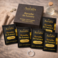 Auralis Essential Refill in Lemon featuring five identical scented pouches , Auralis box and clear silicone wearable nasal aromatherapy ring on neutral background