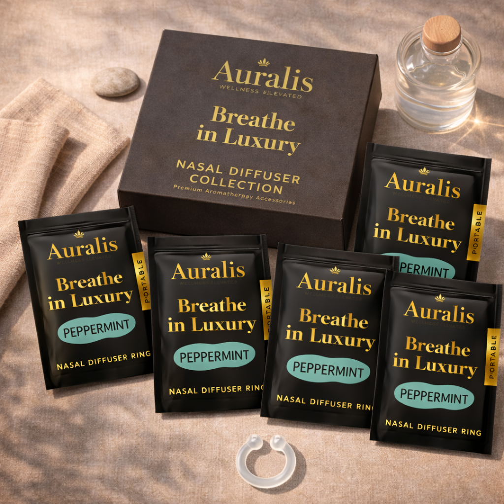 Auralis Essential Refill in Peppermint featuring five identical scented pouches, Auralis box and clear silicone wearable nasal aromatherapy ring on neutral background