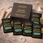 Auralis Essential Refill in Tea Tree featuring five identical scented pouches, Auralis box and clear silicone wearable nasal aromatherapy ring on neutral background